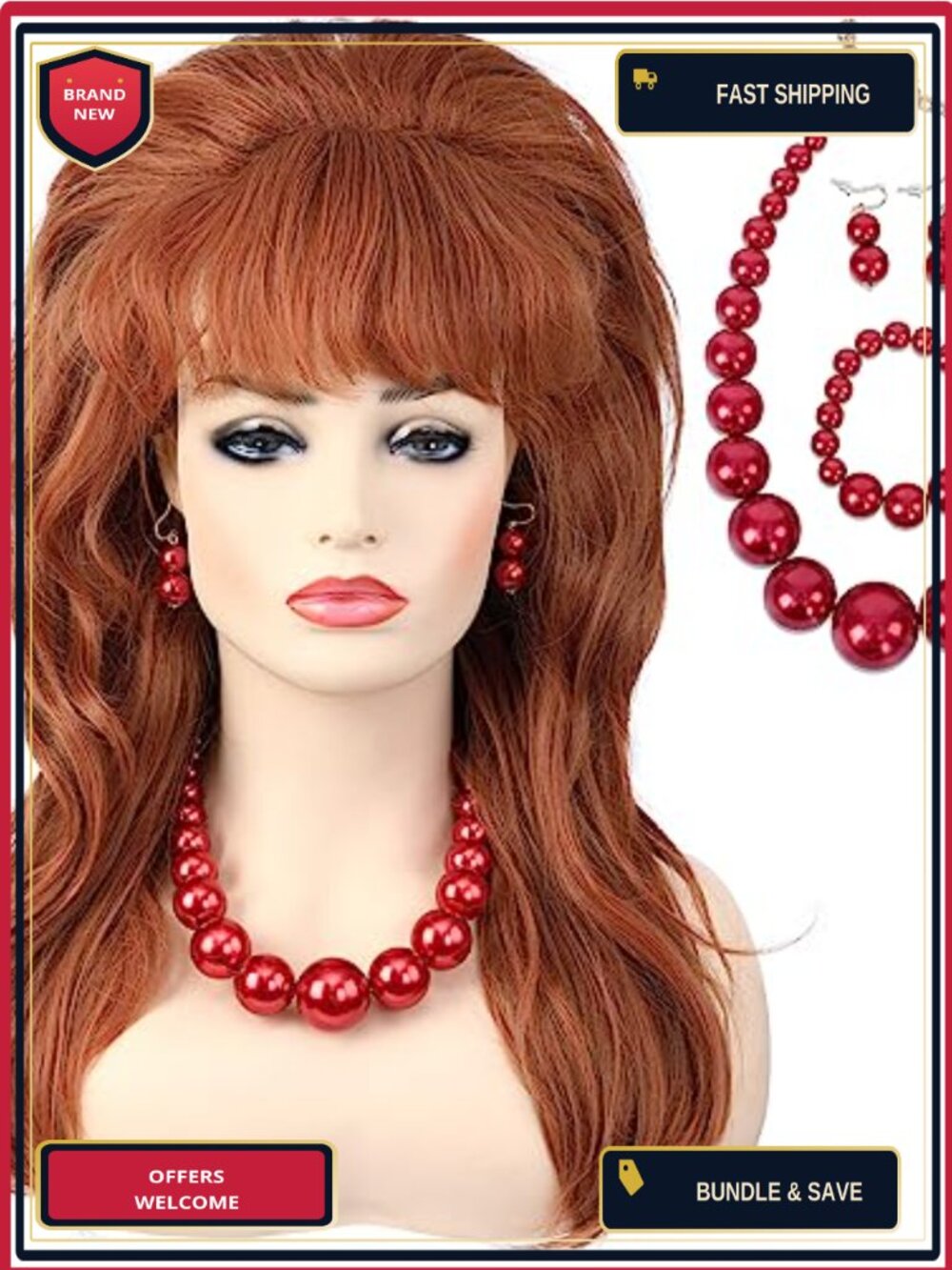80s Beehive Wig & Pearl Jewelry Set Heat Resistant Synthetic Costume